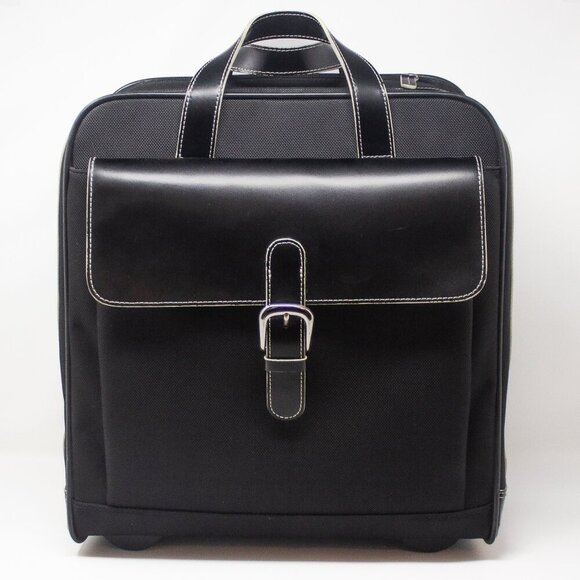 Jack Georges Milano Business Traveler | Black Leather & Nylon Laptop Rolling Bag - Picture 1 of 6